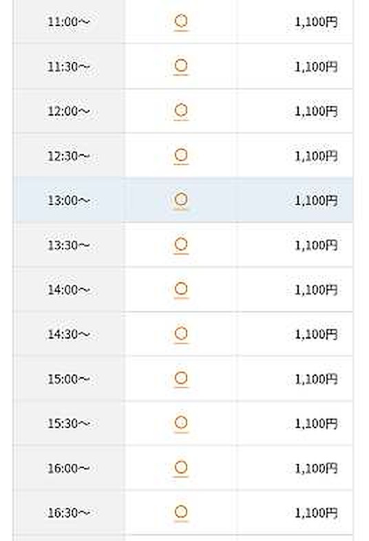 開始時間ごとの空き状況の表。○が空き